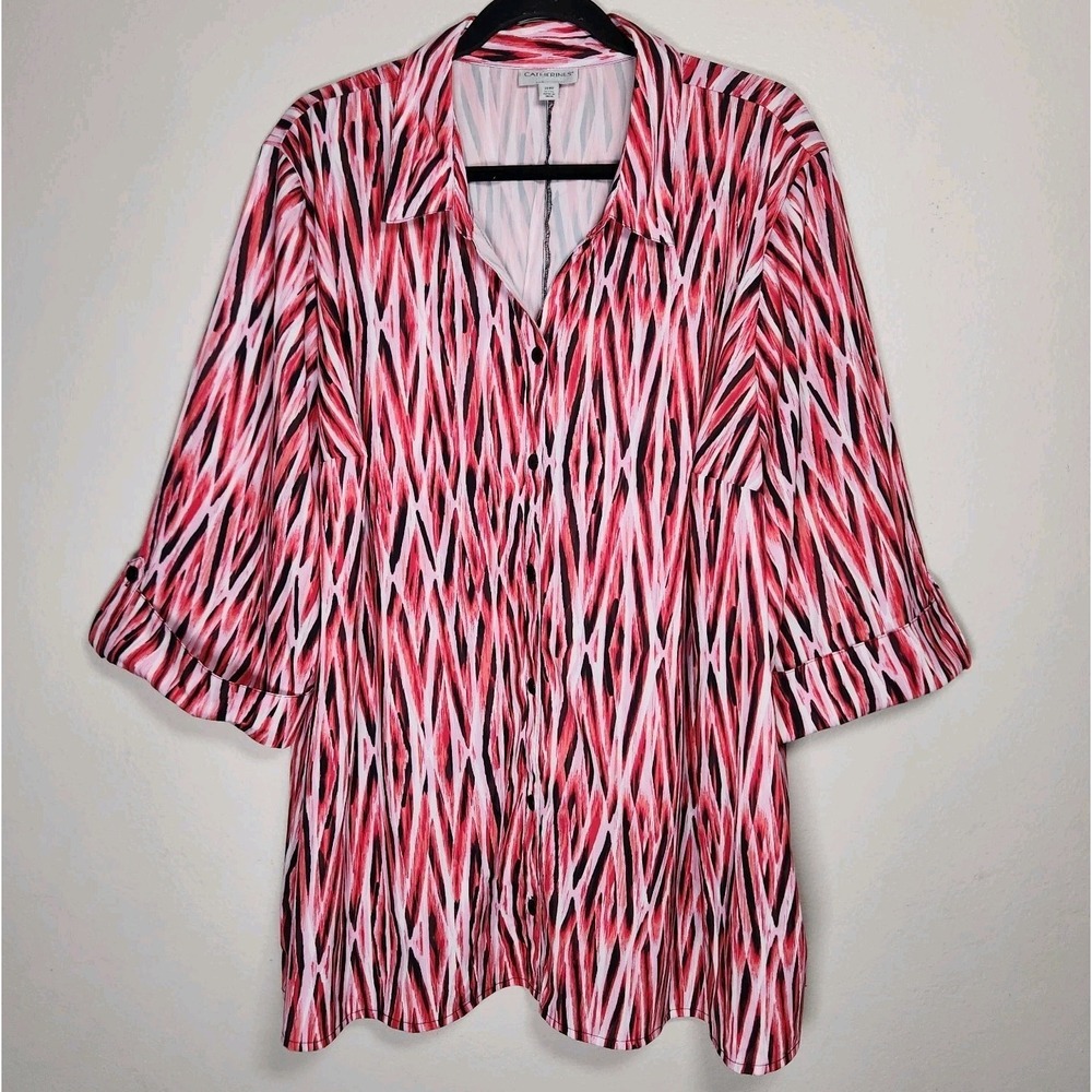 Catherines Womens 3XWP Pink Black Geometric Button Up‎ Shirt Stretch Effortless